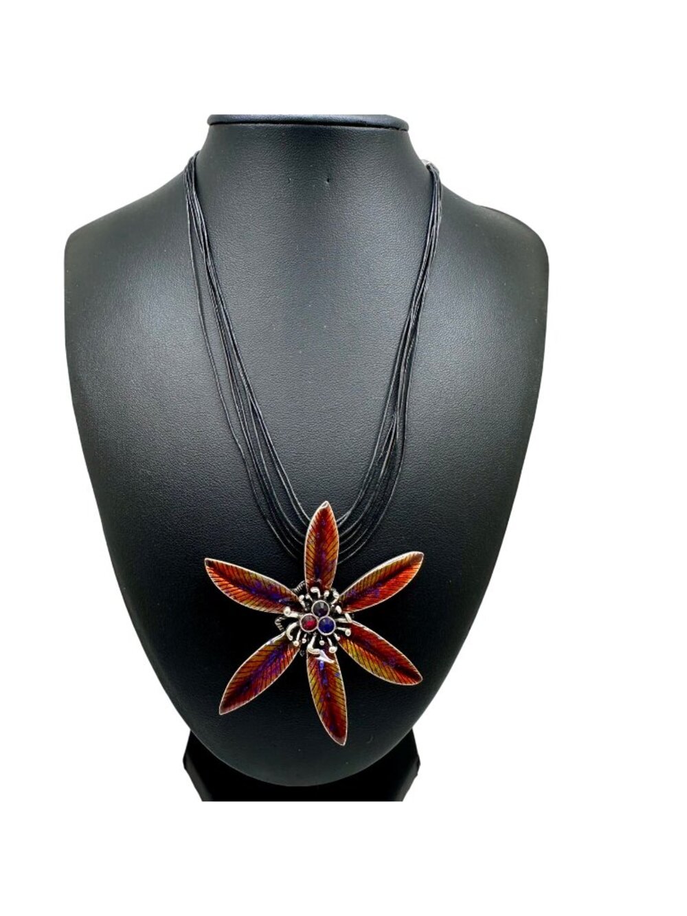 Chico's Necklace Jewelry Large Flower Floral Orange Silver Tone Multistrand Cord
